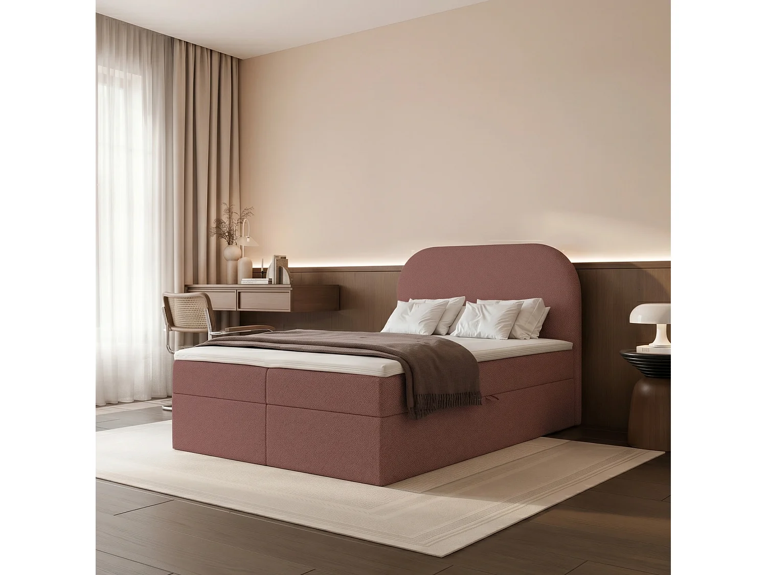 Lit Boxspring FUZZI 120x200 cm avec 2 Coffres, Matelas et Tête de Lit Moelleuse - Rouge Brique (Tissu Chenille Lumi)