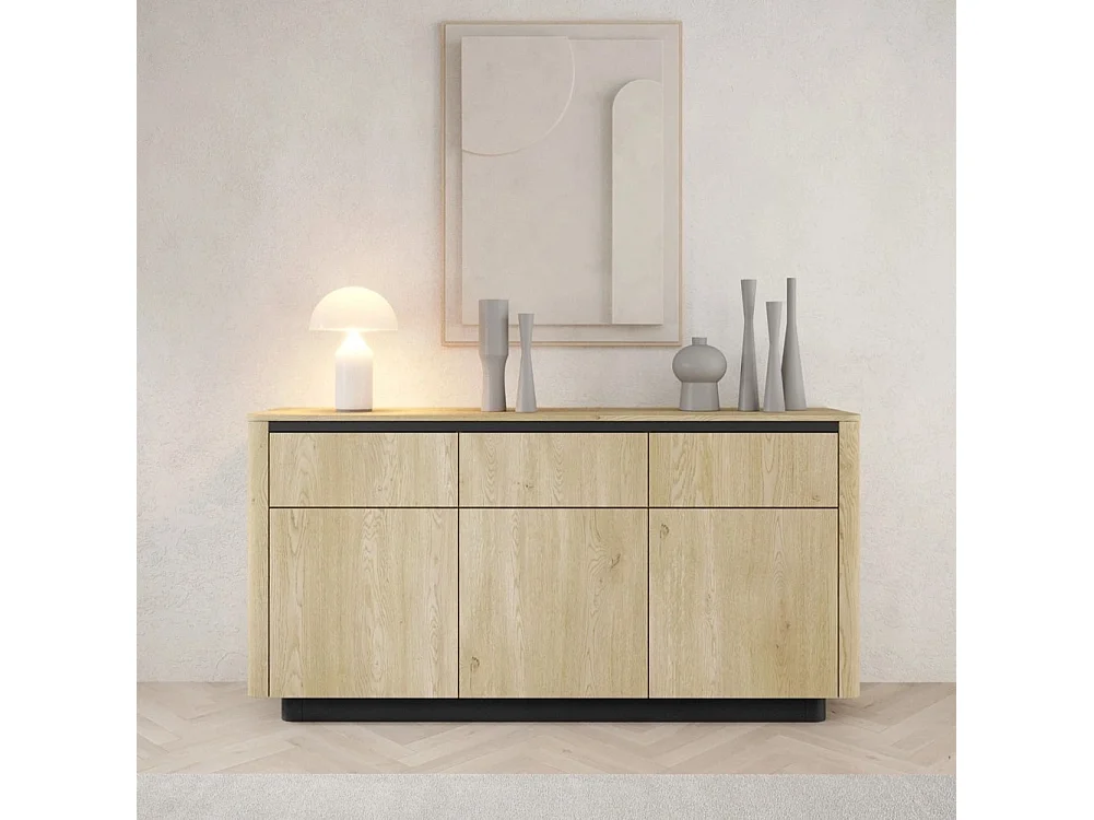 Dressoir Commode TORRO 163 cm - Cremona Eiken en Zwart, 3 Lades en 3 Deuren