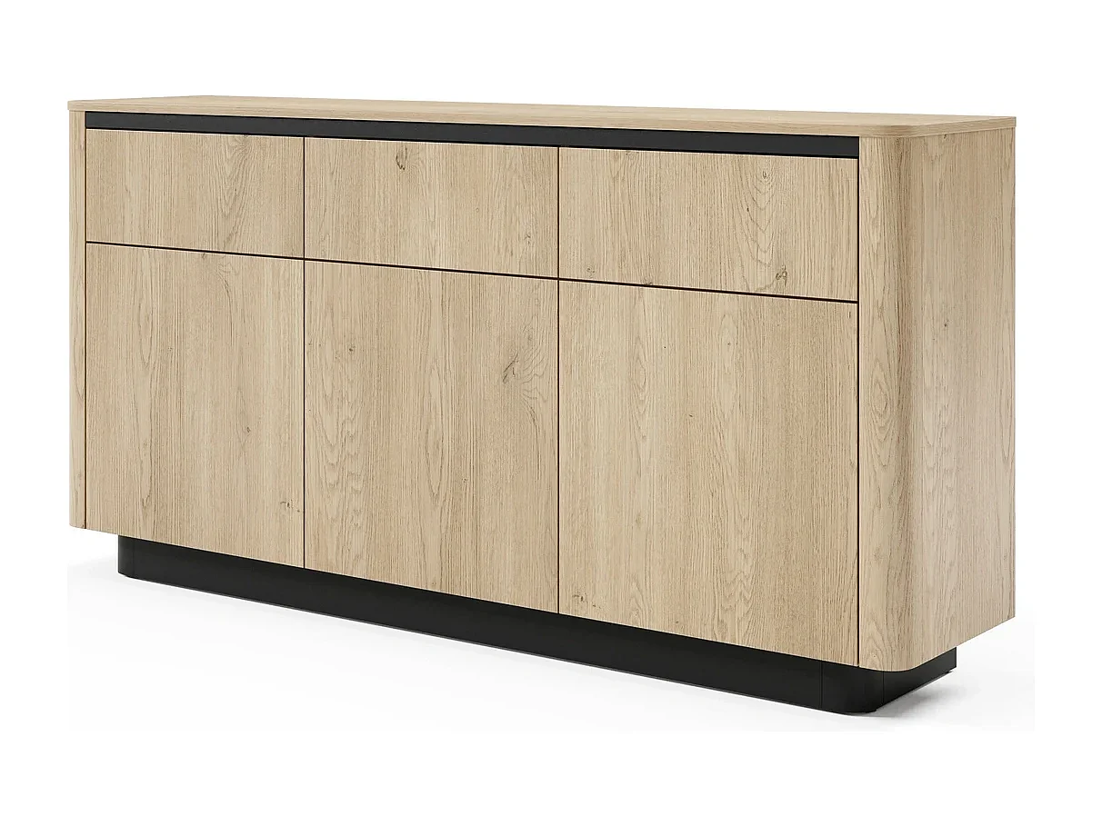 Dressoir Commode TORRO 163 cm - Cremona Eiken en Zwart, 3 Lades en 3 Deuren