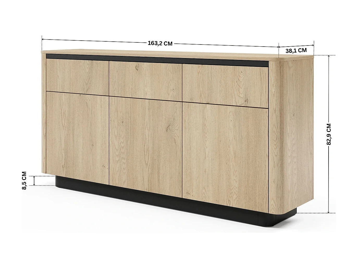Dressoir Commode TORRO 163 cm - Cremona Eiken en Zwart, 3 Lades en 3 Deuren