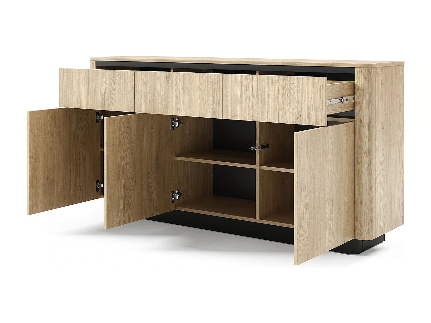 Dressoir Commode TORRO 163 cm - Cremona Eiken en Zwart, 3 Lades en 3 Deuren