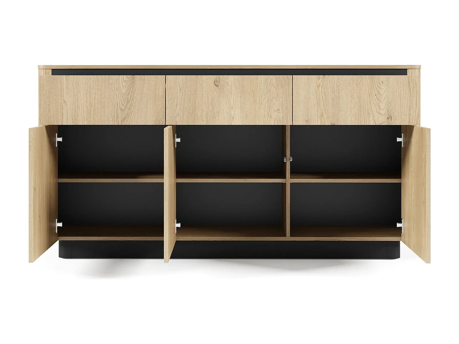 Dressoir Commode TORRO 163 cm - Cremona Eiken en Zwart, 3 Lades en 3 Deuren
