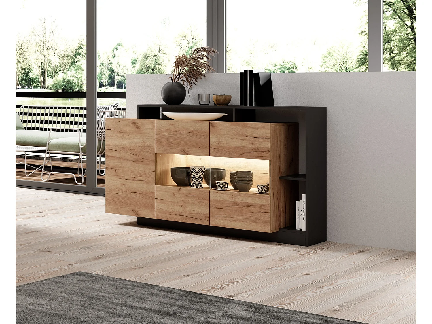 Sideboard Panzo mit offener Nische - Eiche Craft und Anthrazit
