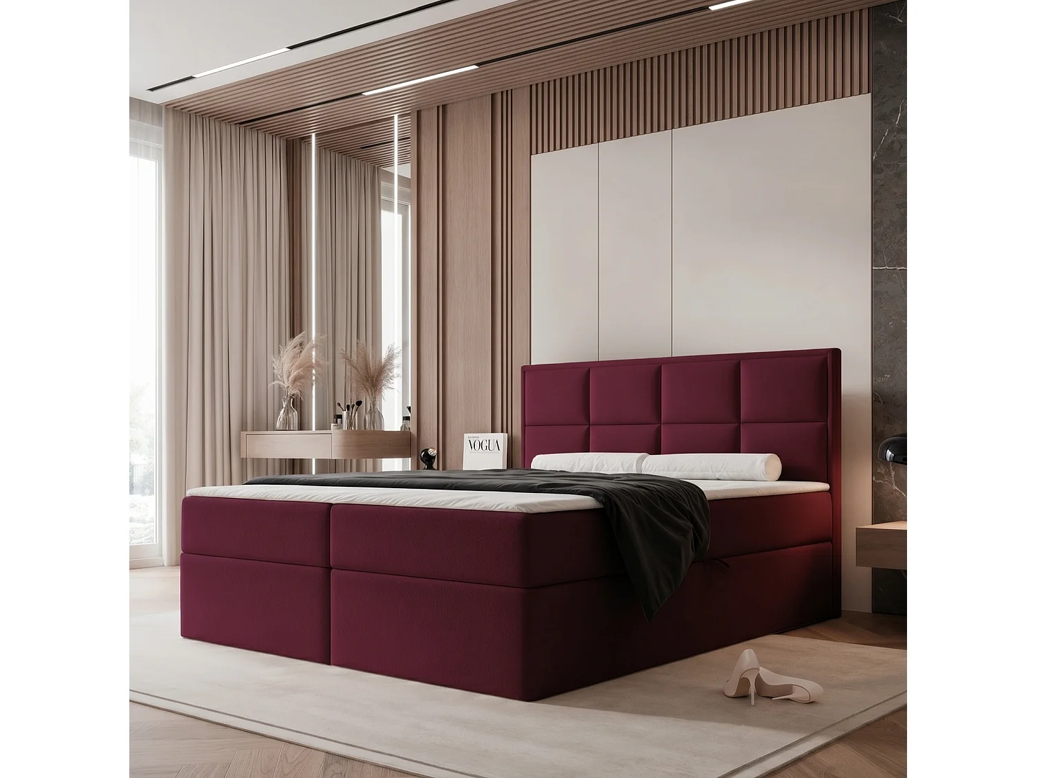 Lit Boxspring 2 places TIOLI 180x200 cm avec Coffre, Matelas et Tête de Lit à Panneaux Verticaux - Bordeaux (Magic Velvet)