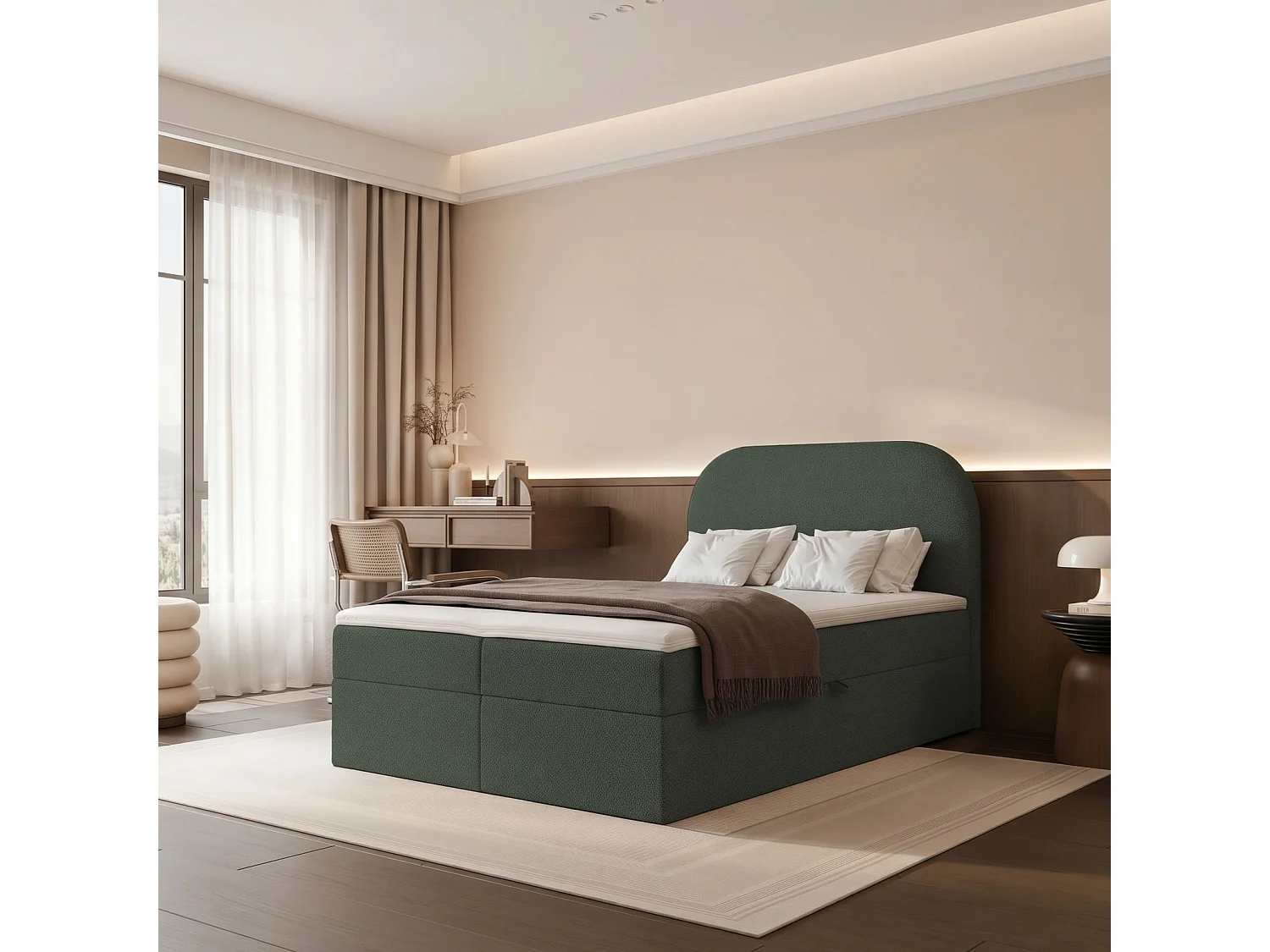 Lit Boxspring FUZZI 120x200 cm avec 2 Coffres, Matelas et Tête de Lit Moelleuse - Gris Vert (Tissu Bouclé Now or Never)