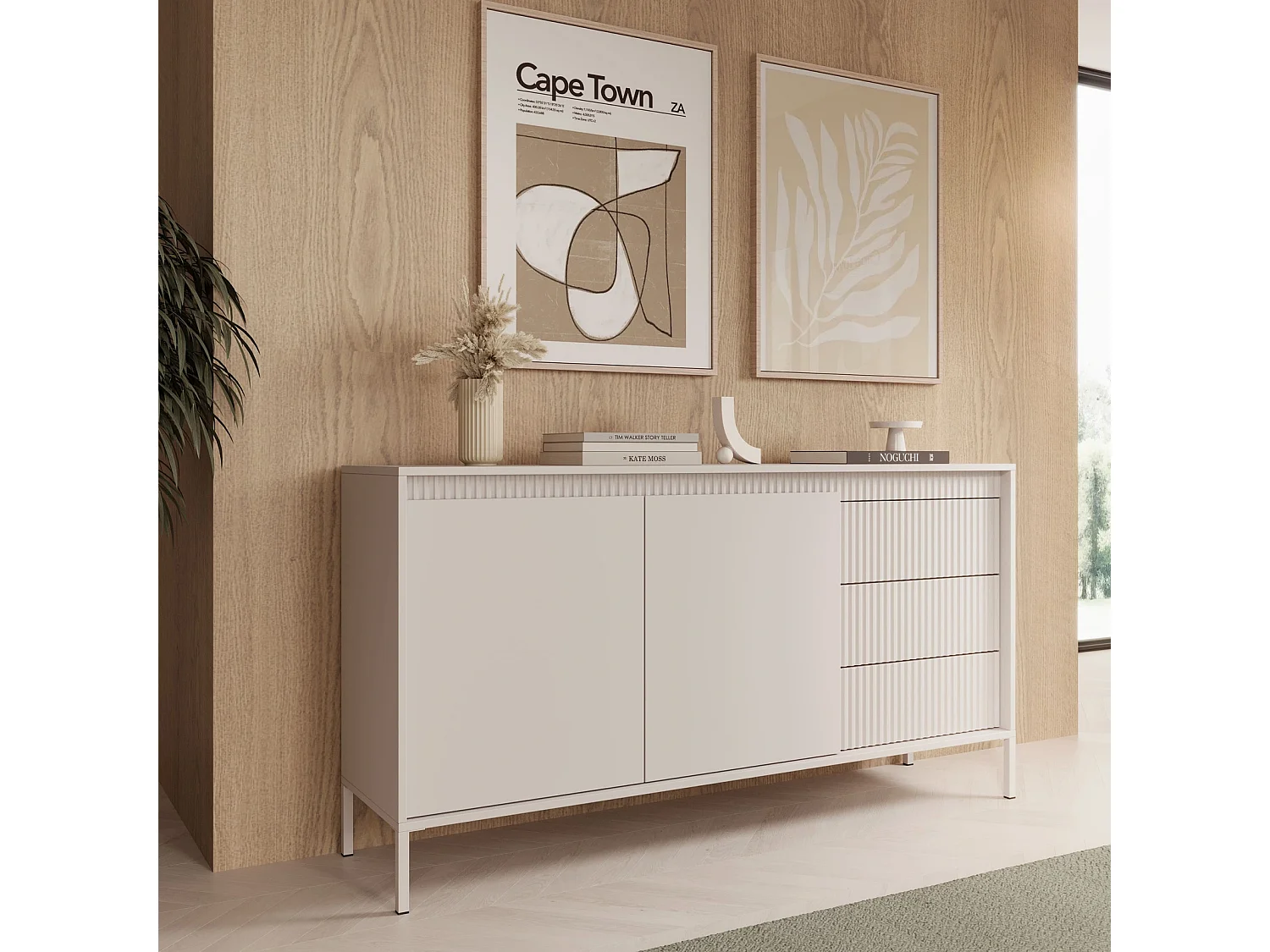Dressoir Commode Ferrato B 153 cm met 2 Deuren en 3 Geroffelde Laden rechts - Beige