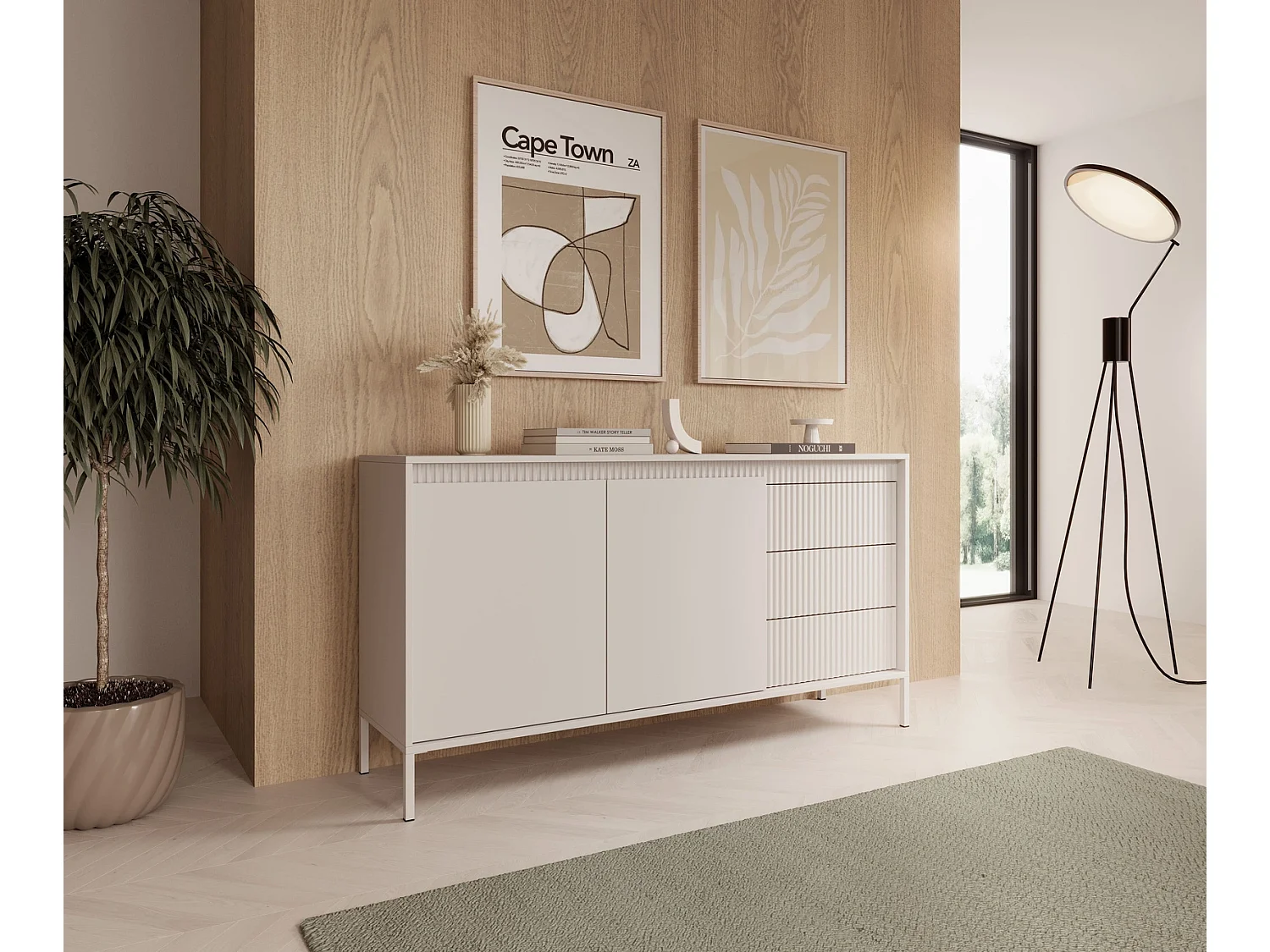 Dressoir Commode Ferrato B 153 cm met 2 Deuren en 3 Geroffelde Laden rechts - Beige