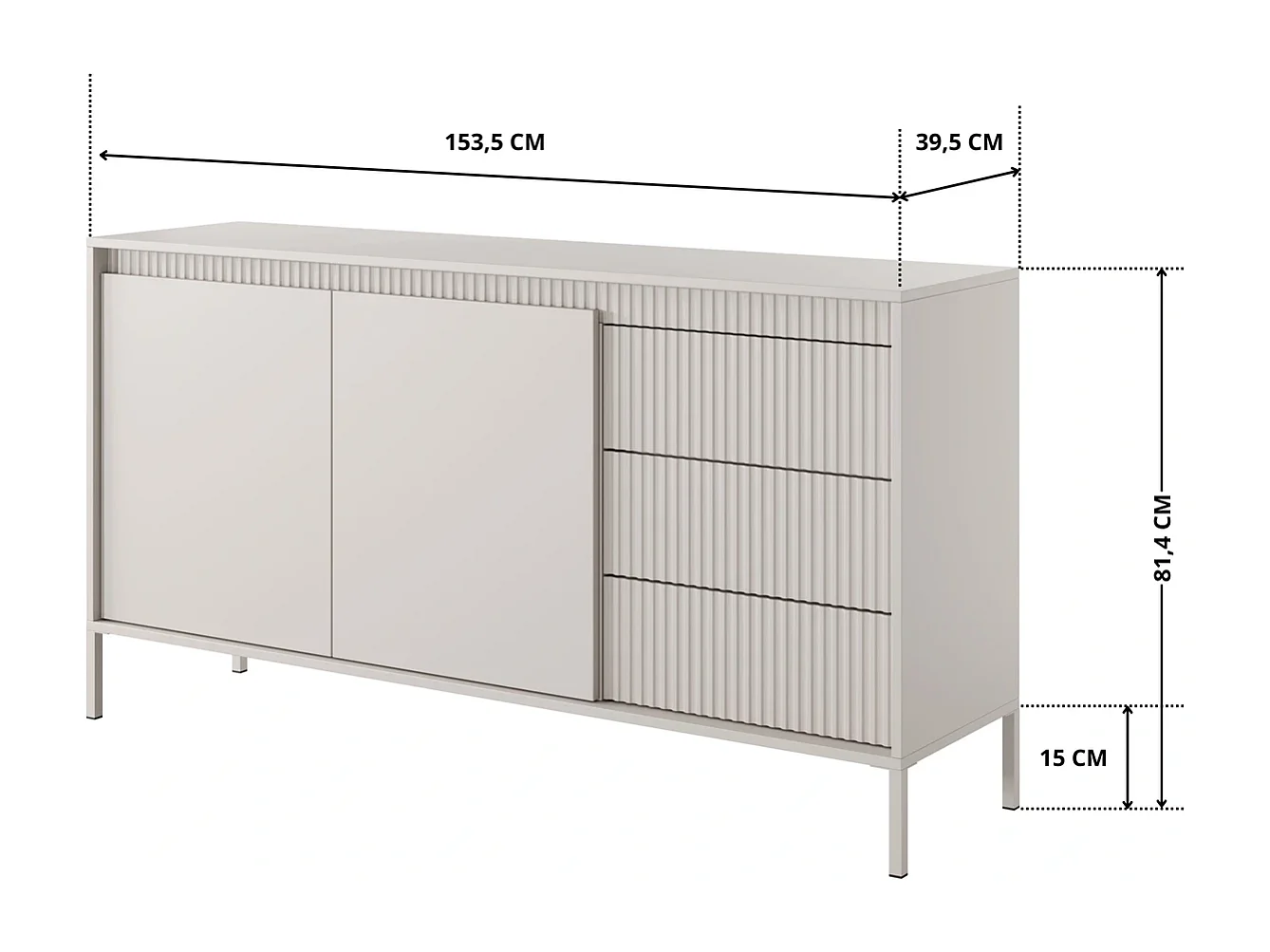 Dressoir Commode Ferrato B 153 cm met 2 Deuren en 3 Geroffelde Laden rechts - Beige