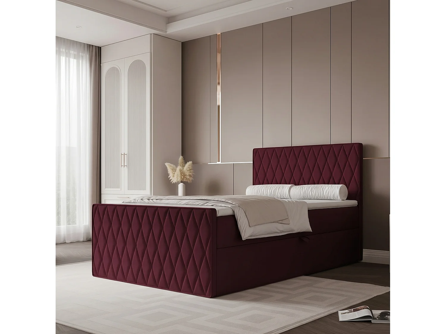 Lit Boxspring PONTI III 120x200 cm avec 2 Coffres, Matelas et Matelassage Losanges - Bordeaux (Velours)