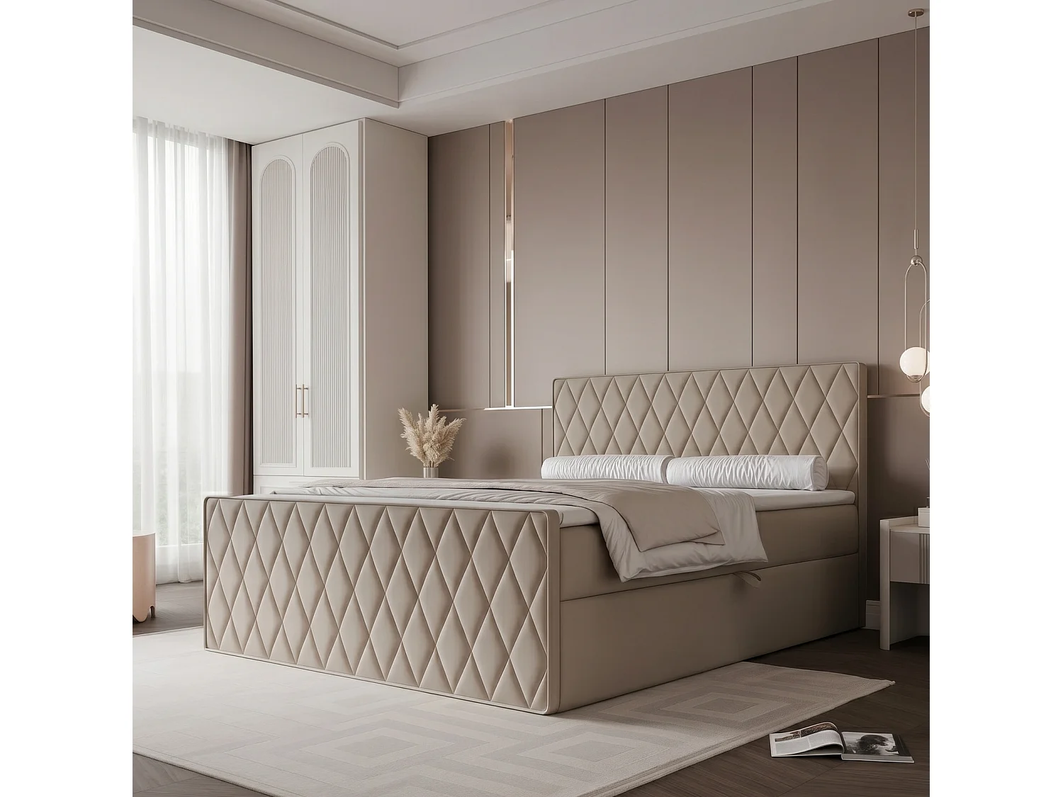 Lit Boxspring PONTI III 200x200 cm avec Coffre, Matelas et Matelassage Losanges - Beige Chaud (Velours)