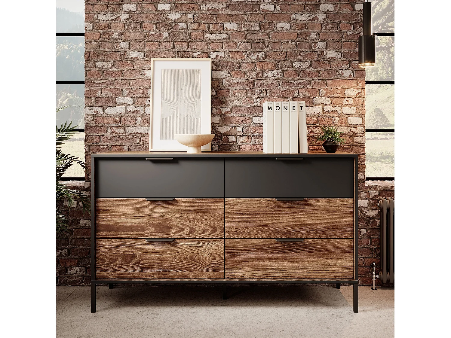 Commode MELTON B 137 cm met 6 Laden, Soft-Close en Metalen Poten - Kastanje / Antraciet