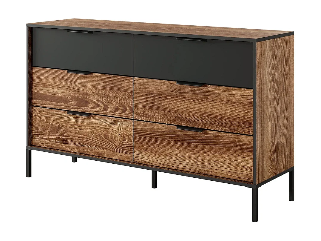 Commode MELTON B 137 cm met 6 Laden, Soft-Close en Metalen Poten - Kastanje / Antraciet