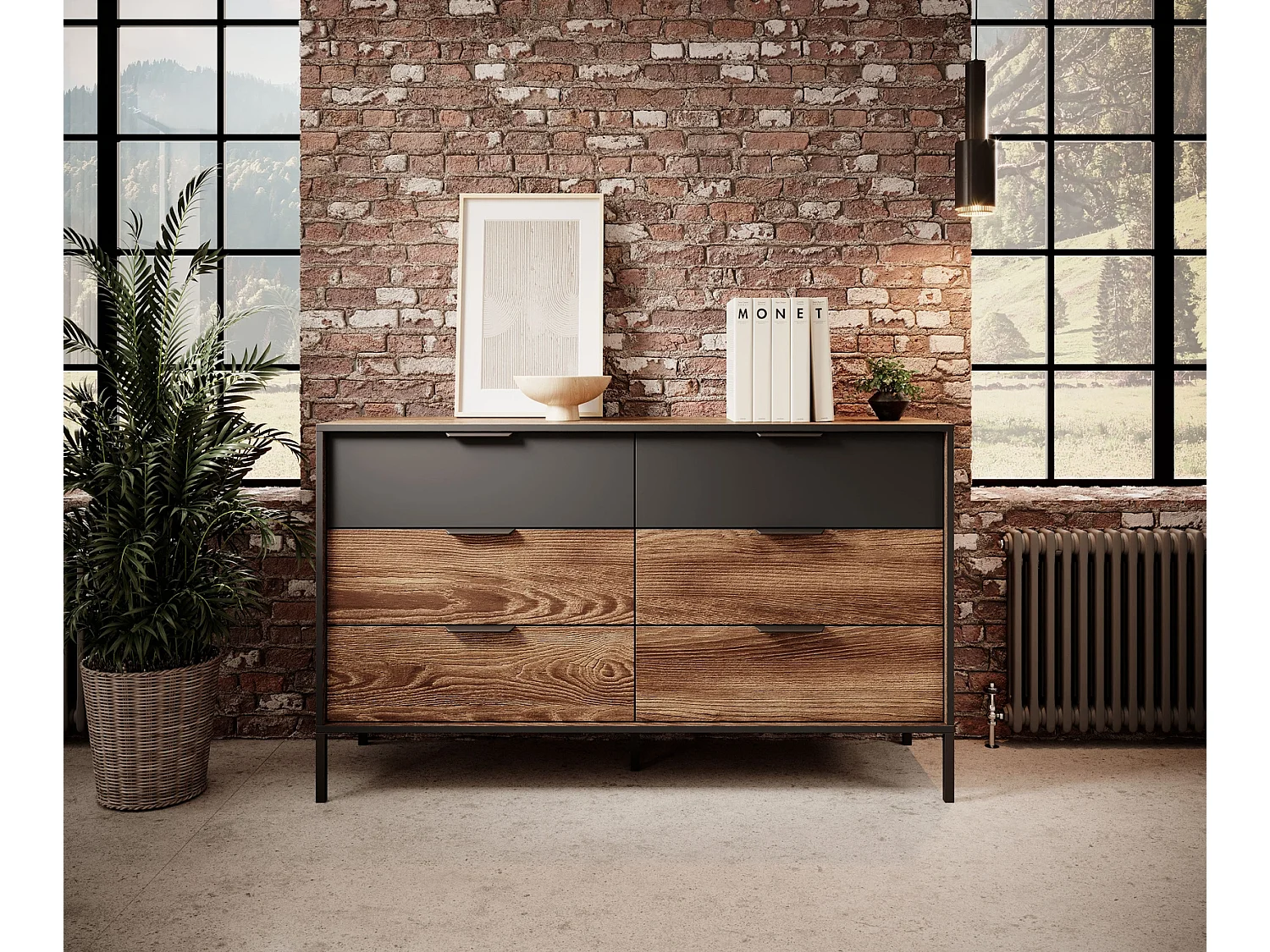 Commode MELTON B 137 cm met 6 Laden, Soft-Close en Metalen Poten - Kastanje / Antraciet