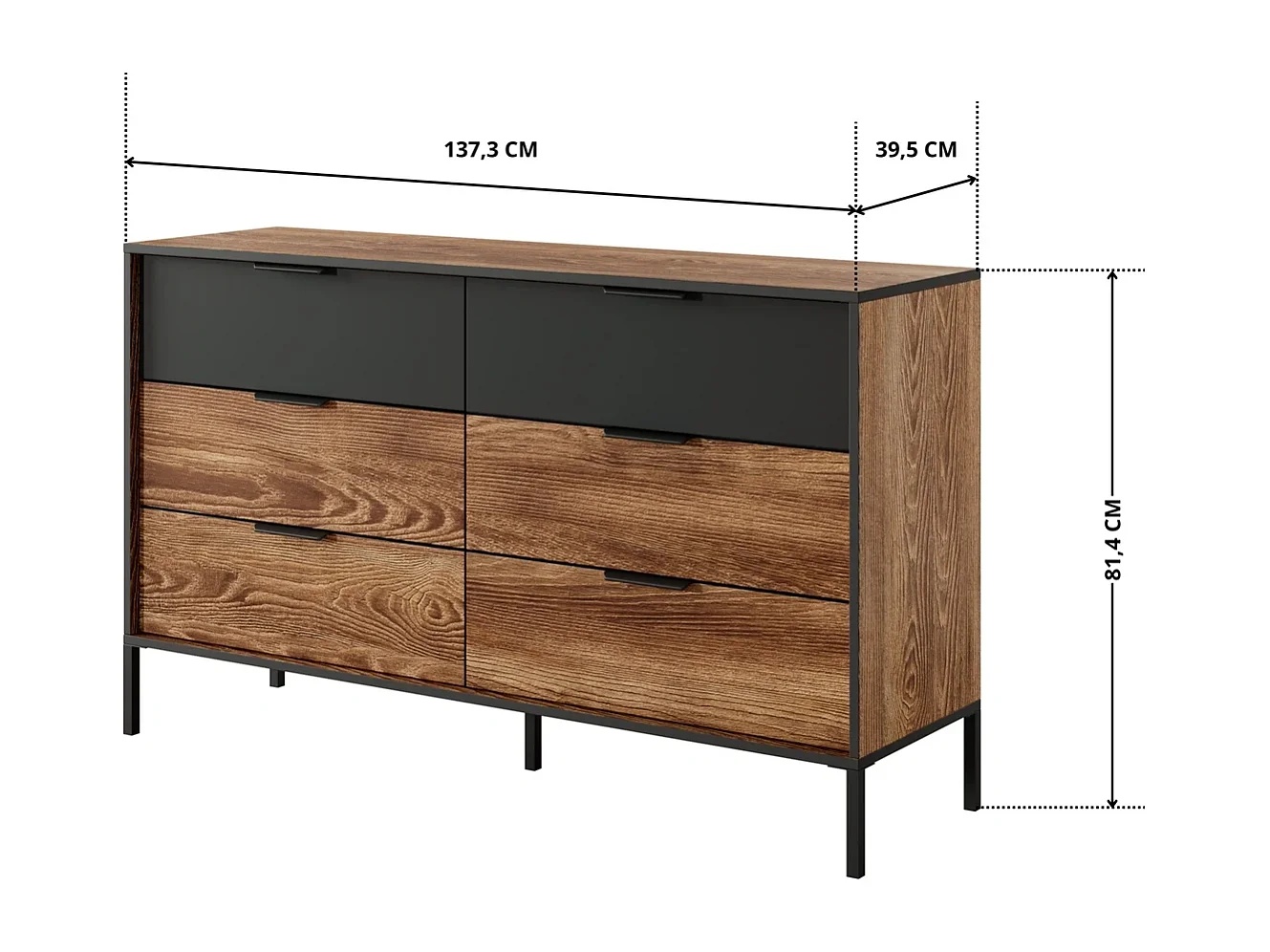 Commode MELTON B 137 cm met 6 Laden, Soft-Close en Metalen Poten - Kastanje / Antraciet