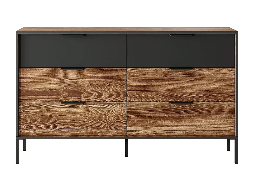 Commode MELTON B 137 cm met 6 Laden, Soft-Close en Metalen Poten - Kastanje / Antraciet