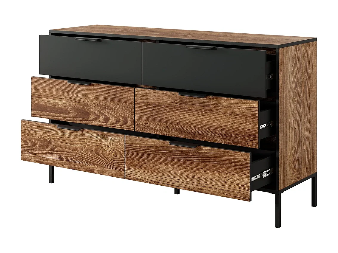 Commode MELTON B 137 cm met 6 Laden, Soft-Close en Metalen Poten - Kastanje / Antraciet