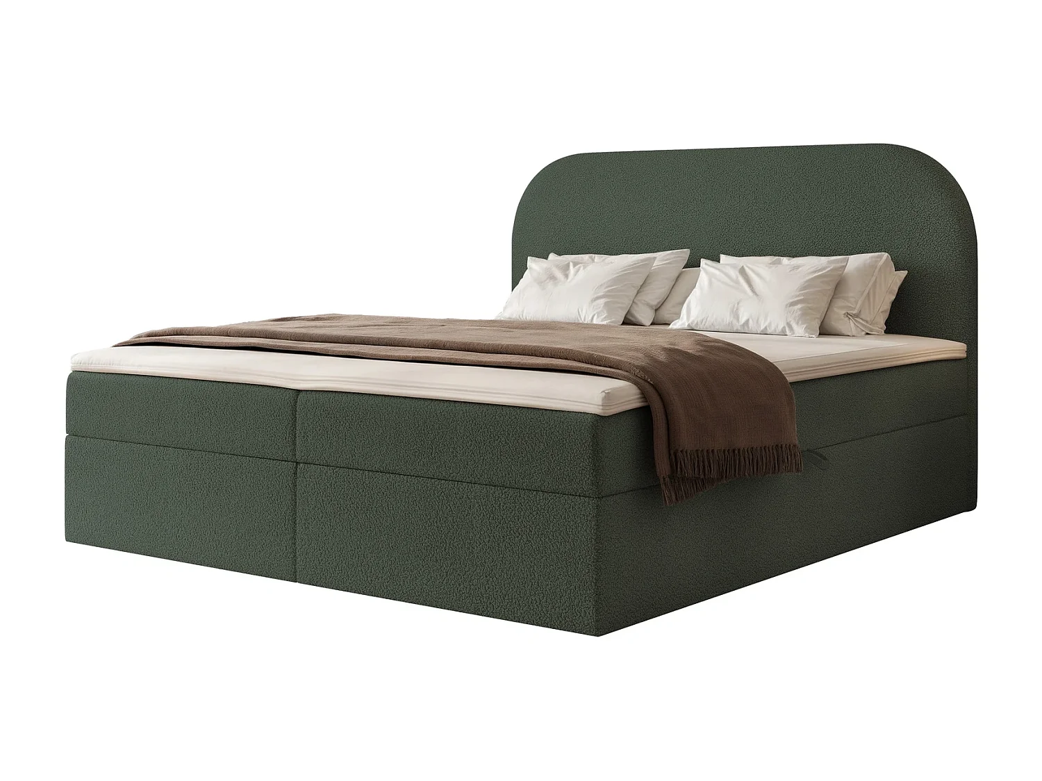 Lit Boxspring 2 places FUZZI 160x200 cm avec 2 Coffres, Matelas et Tête de Lit Moelleuse - Gris Vert (Tissu Bouclé Now or Never)