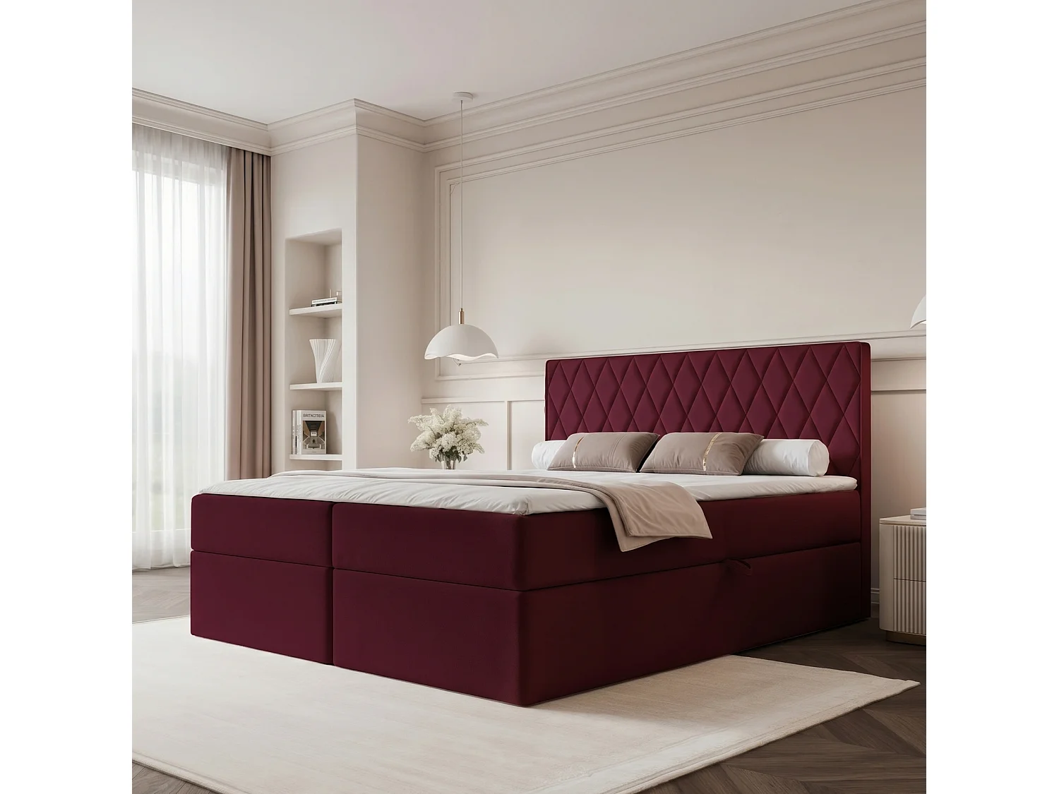 Lit Boxspring PONTI 180x200 cm avec 2 Coffres, Matelas et Matelassage Losanges Verticaux - Bordeaux (Velours)
