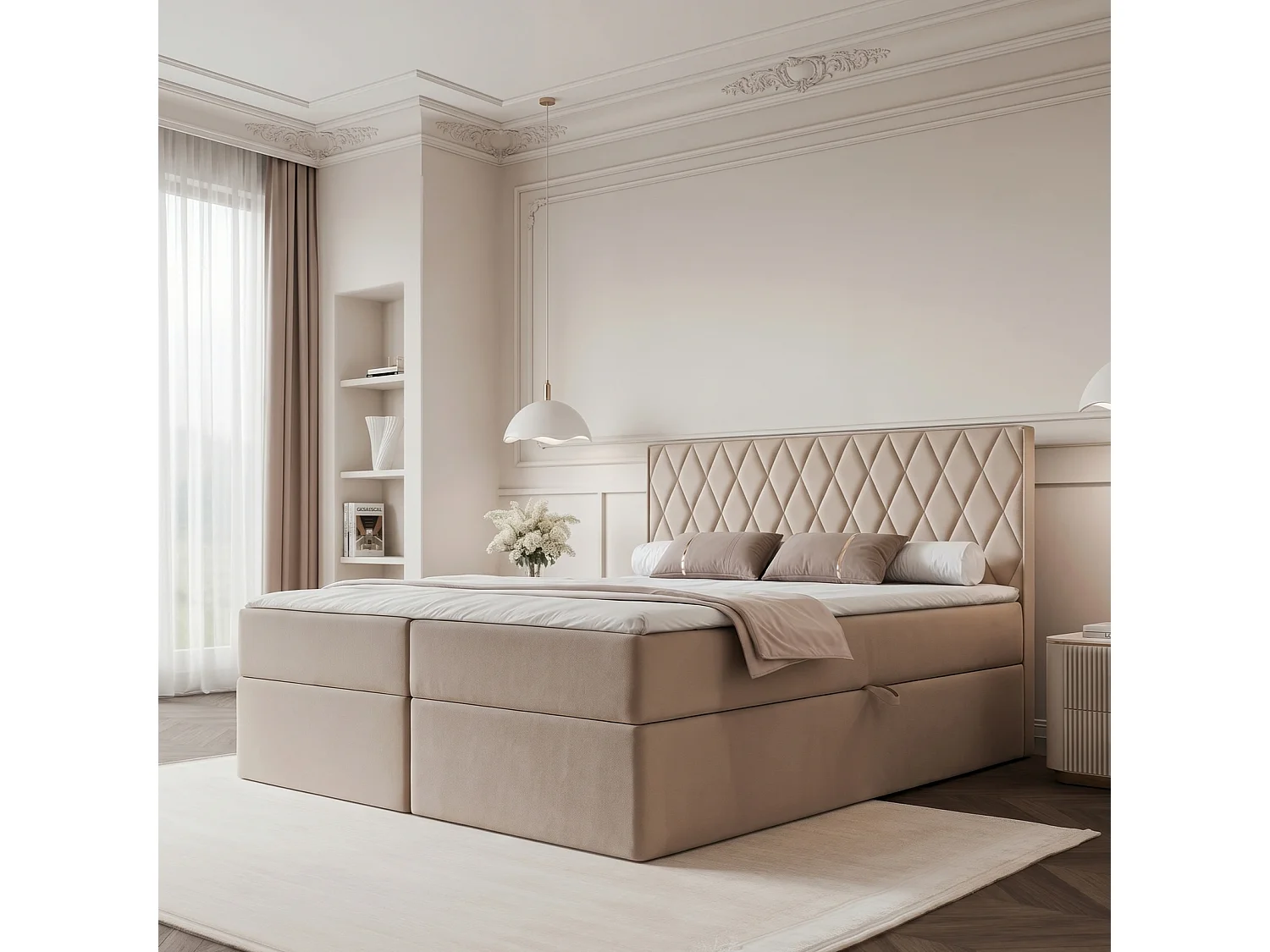 Lit Boxspring PONTI 180x200 cm avec 2 Coffres, Matelas et Matelassage Losanges Verticaux - Beige (Velours)