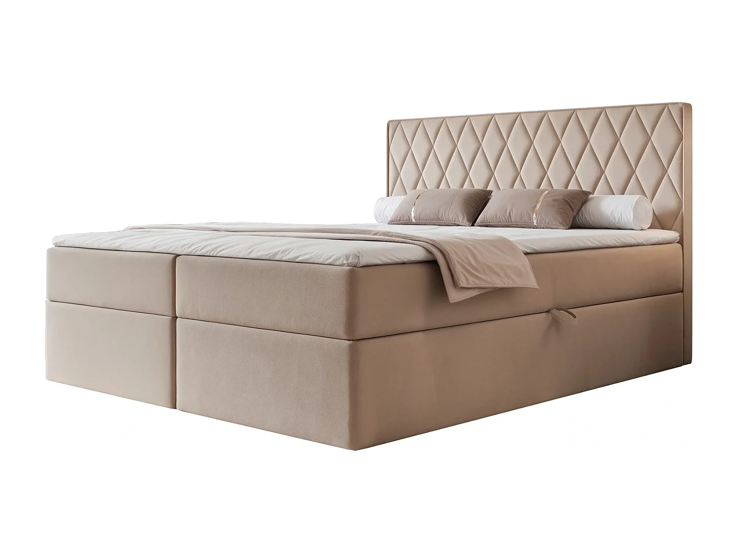 Lit Boxspring PONTI 180x200 cm avec 2 Coffres, Matelas et Matelassage Losanges Verticaux - Beige (Velours)
