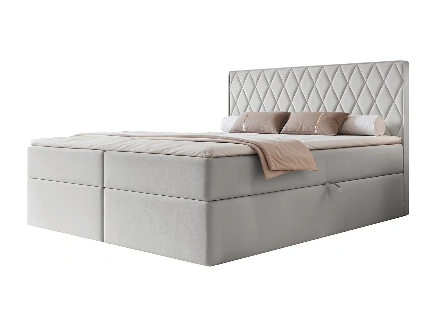 Lit Boxspring PONTI 200x200 cm avec 2 Coffres, Matelas et Matelassage Losanges Verticaux - Gris Pigeon (Velours)