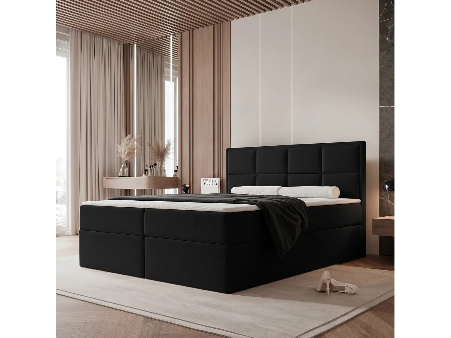 Lit Boxspring 2 places TIOLI 140x200 cm avec Coffre, Matelas et Tête de Lit à Panneaux Verticaux - Noir (Magic Velvet)