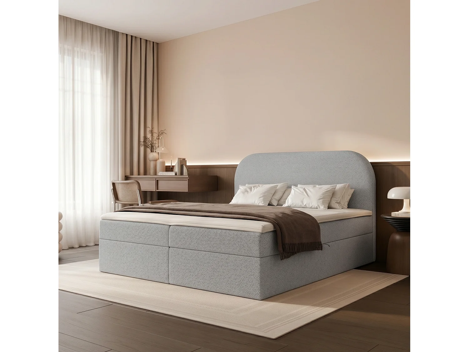 Lit Boxspring 2 places FUZZI 160x200 cm avec 2 Coffres, Matelas et Tête de Lit Moelleuse - Gris Bleu (Tissu Chenille Lumi)