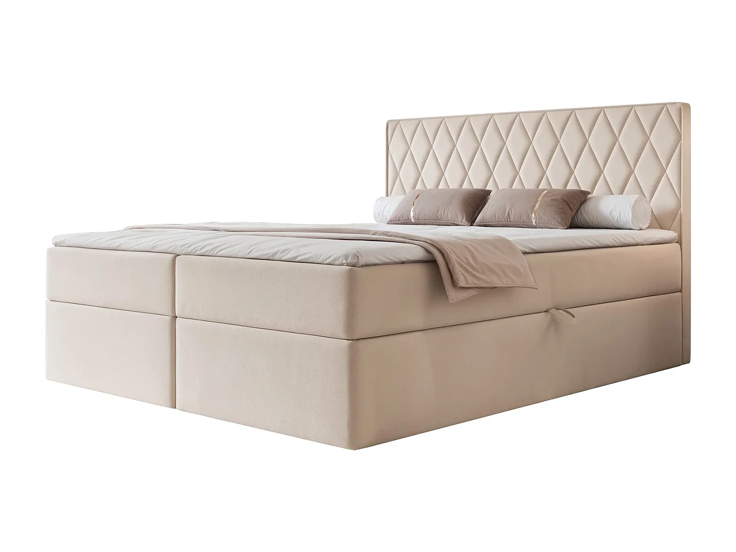 Lit Boxspring PONTI 200x200 cm avec 2 Coffres, Matelas et Matelassage Losanges Verticaux - Crème (Velours)