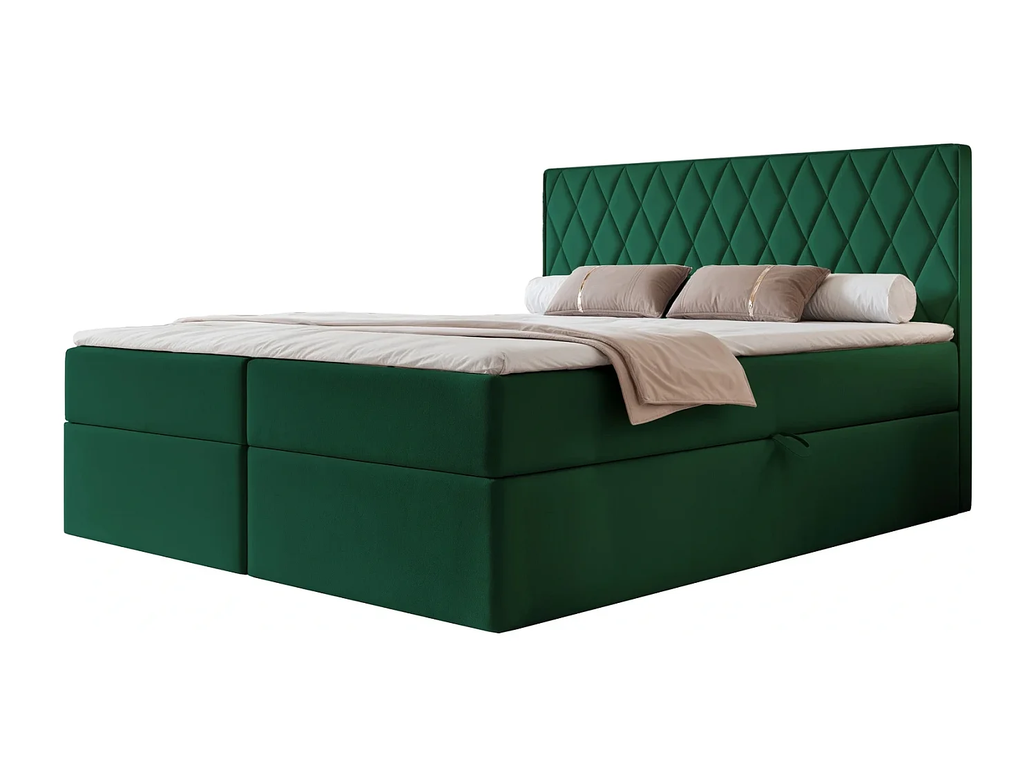 Lit Boxspring PONTI 140x200 cm avec 2 Coffres, Matelas et Matelassage Losanges Verticaux - Vert Bouteille (Velours)