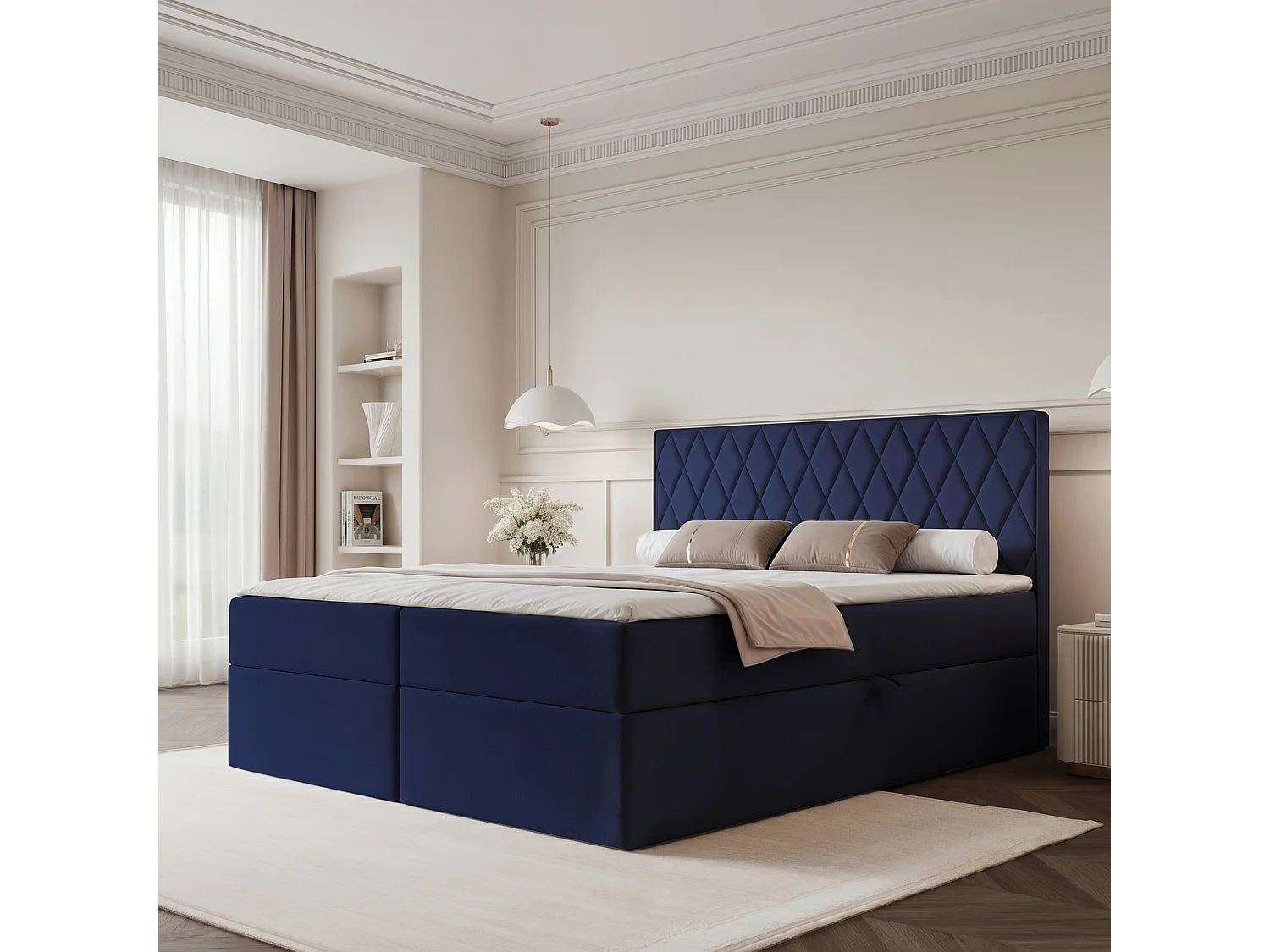 Lit Boxspring PONTI 160x200 cm avec 2 Coffres, Matelas et Matelassage Losanges Verticaux - Bleu Marine (Velours)