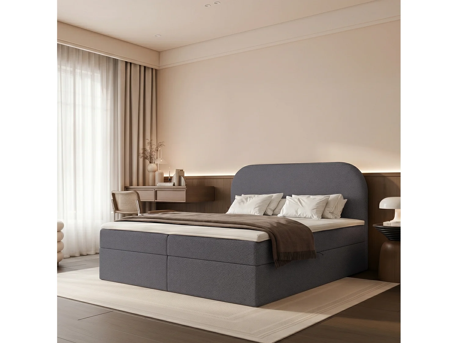 Lit Boxspring 2 places FUZZI 160x200 cm avec 2 Coffres, Matelas et Tête de Lit Moelleuse - Bleu Gris Foncé (Tissu Chenille Lumi)
