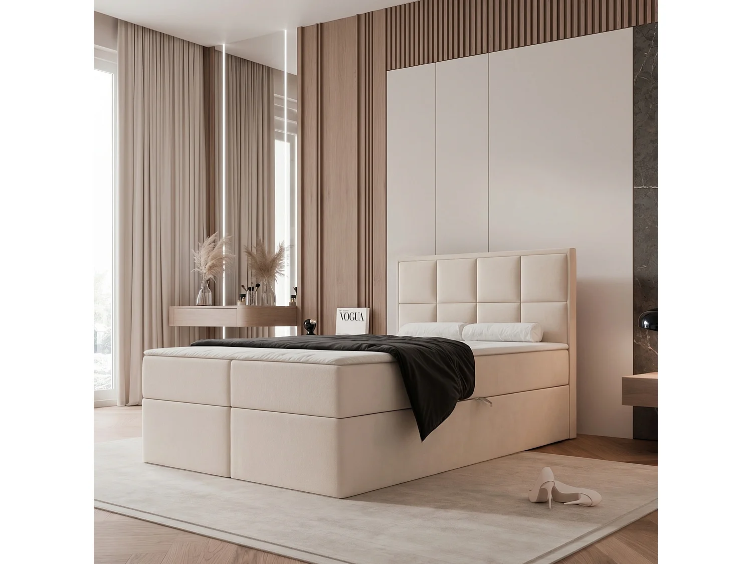 Lit Boxspring TIOLI 120x200 cm avec Coffre, Matelas et Tête de Lit à Panneaux Verticaux - Crème (Magic Velvet)
