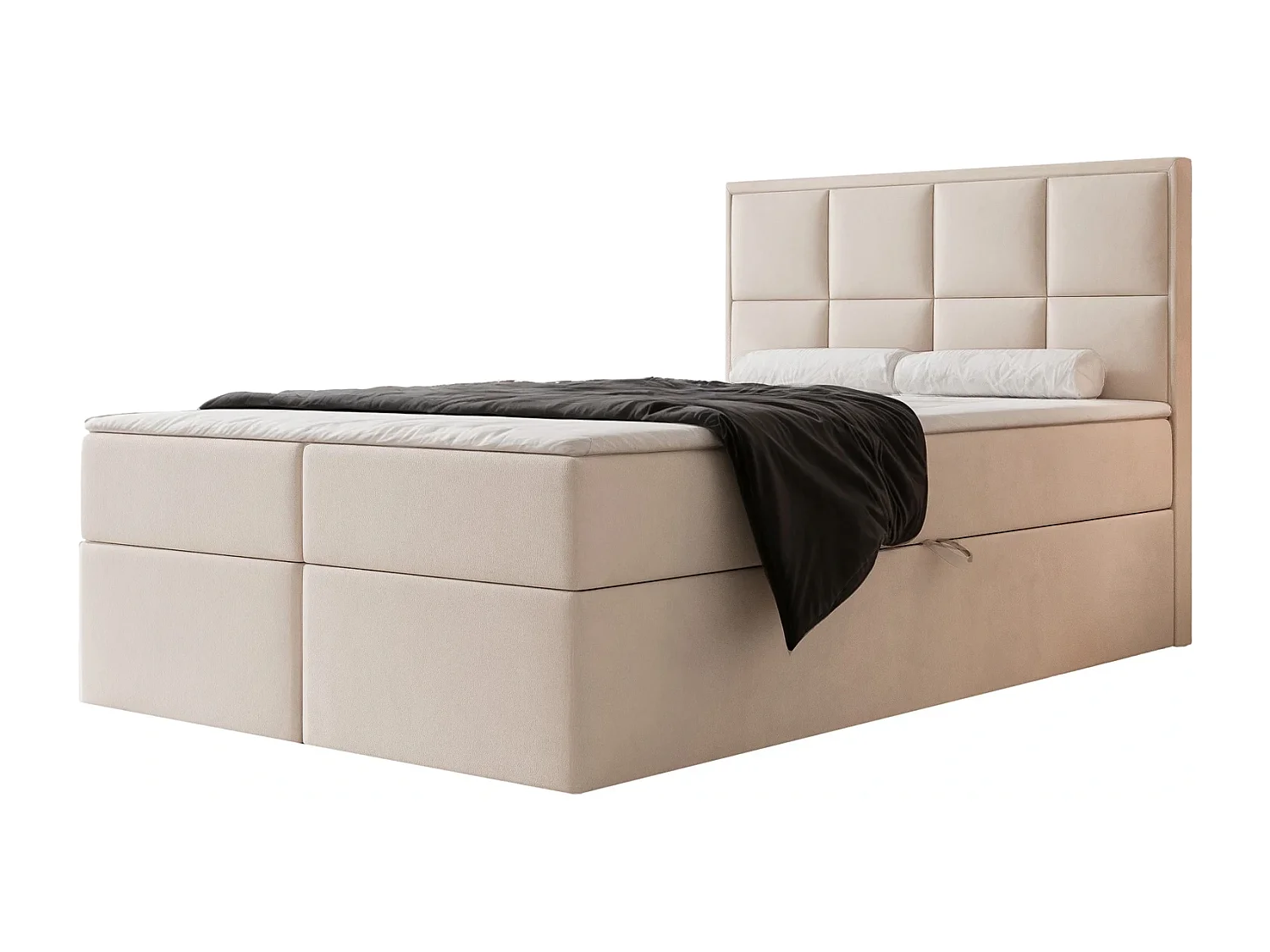 Lit Boxspring TIOLI 120x200 cm avec Coffre, Matelas et Tête de Lit à Panneaux Verticaux - Crème (Magic Velvet)