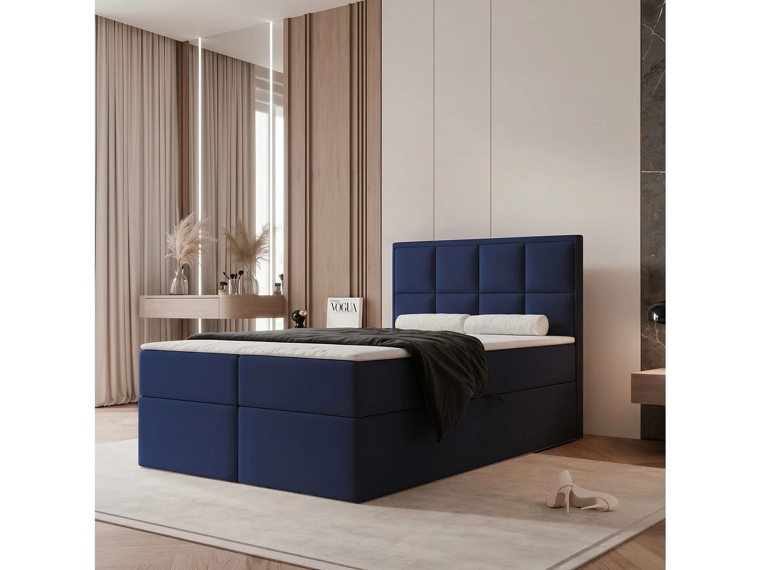 Lit Boxspring TIOLI 120x200 cm avec Coffre, Matelas et Tête de Lit à Panneaux Verticaux - Bleu Marine (Magic Velvet)