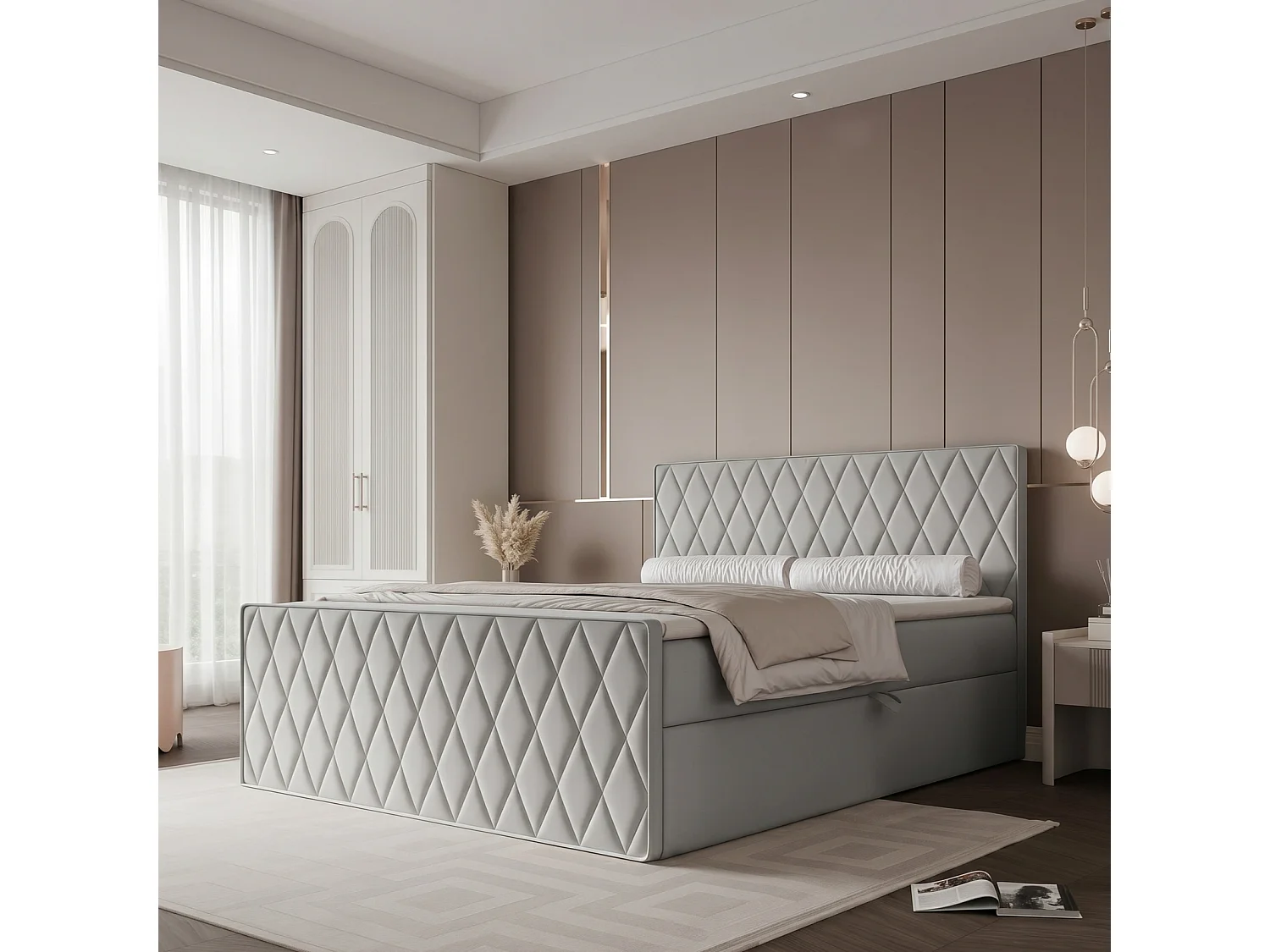 Lit Boxspring PONTI III 180x200 cm avec 2 Coffres, Matelas et Matelassage Losanges - Gris Pigeon (Velours)
