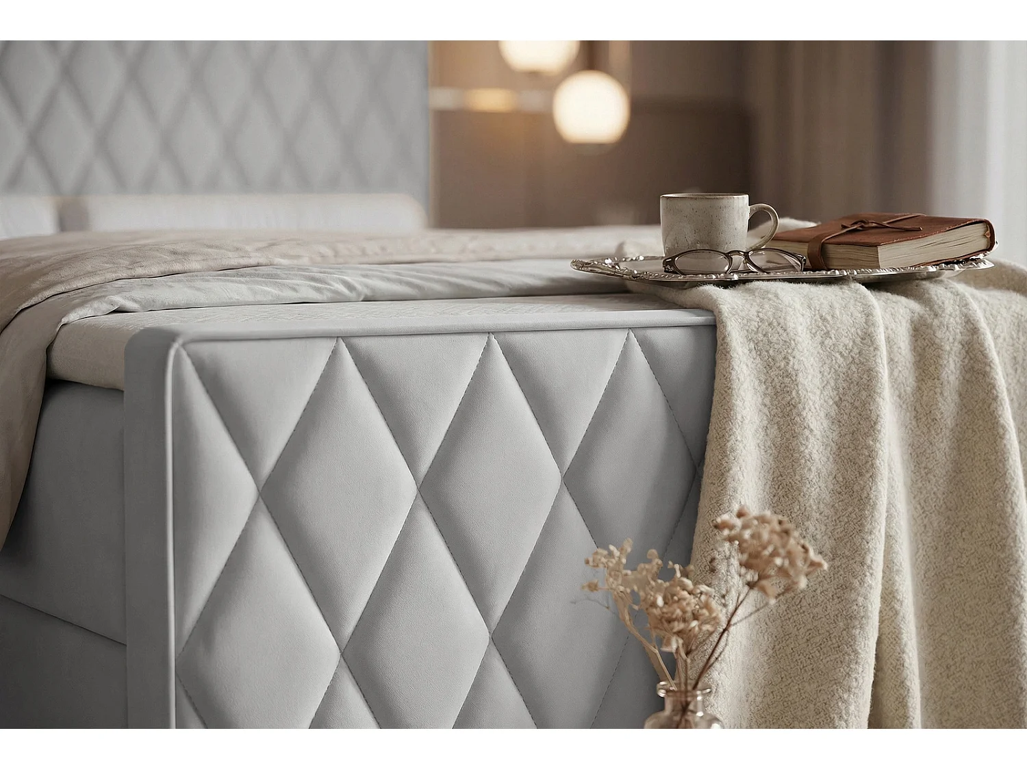 Lit Boxspring PONTI III 180x200 cm avec 2 Coffres, Matelas et Matelassage Losanges - Gris Pigeon (Velours)
