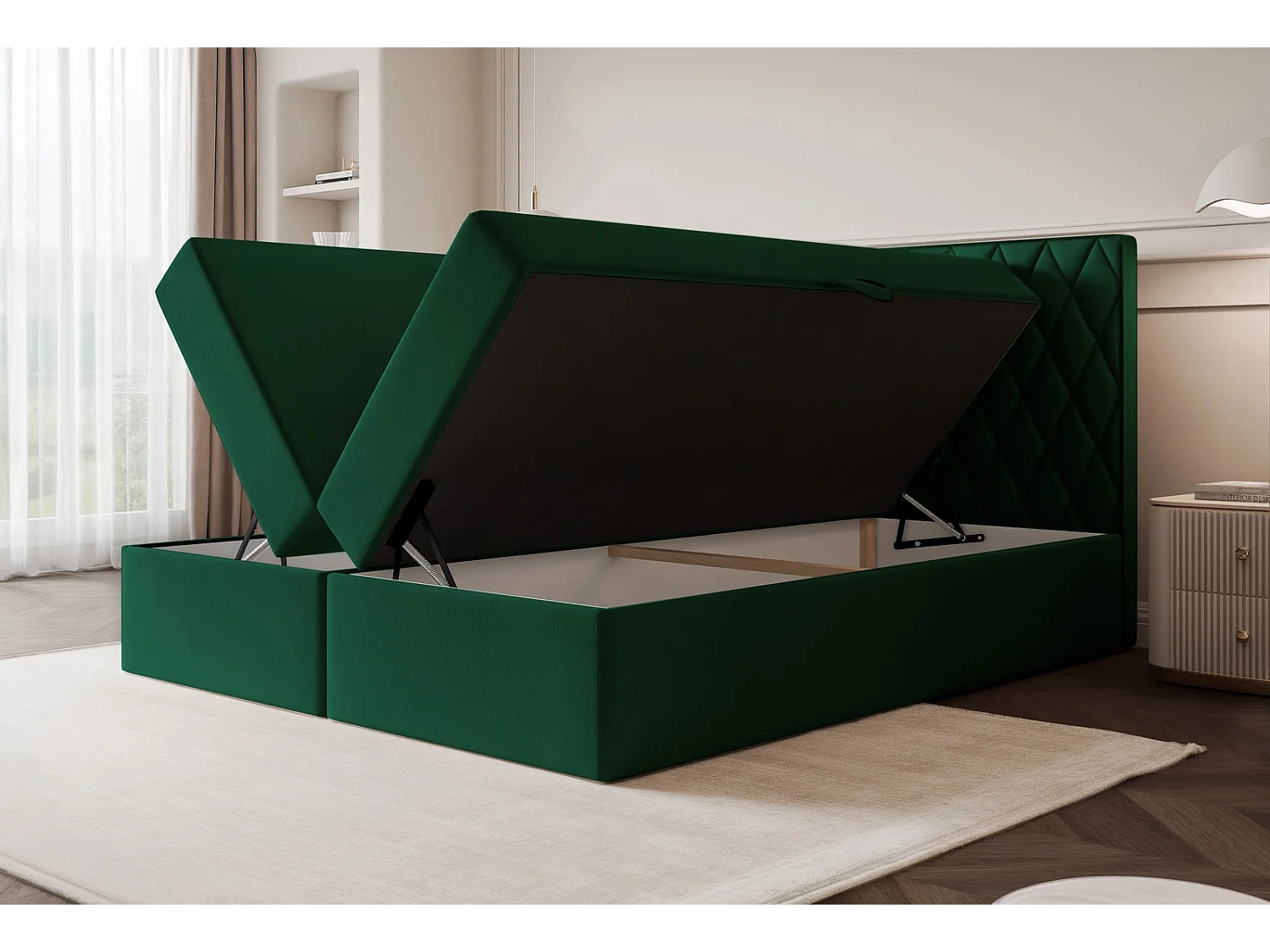 Lit Boxspring PONTI 180x200 cm avec 2 Coffres, Matelas et Matelassage Losanges Verticaux - Gris Pigeon (Velours)
