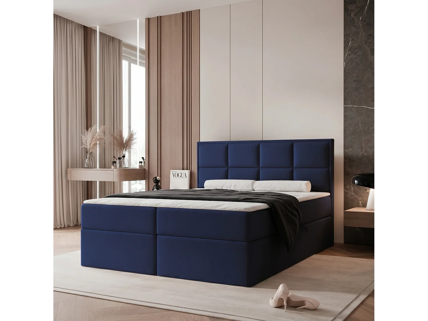 Lit Boxspring 2 places TIOLI 180x200 cm avec Coffre, Matelas et Tête de Lit à Panneaux Verticaux - Bleu Marine (Magic Velvet)