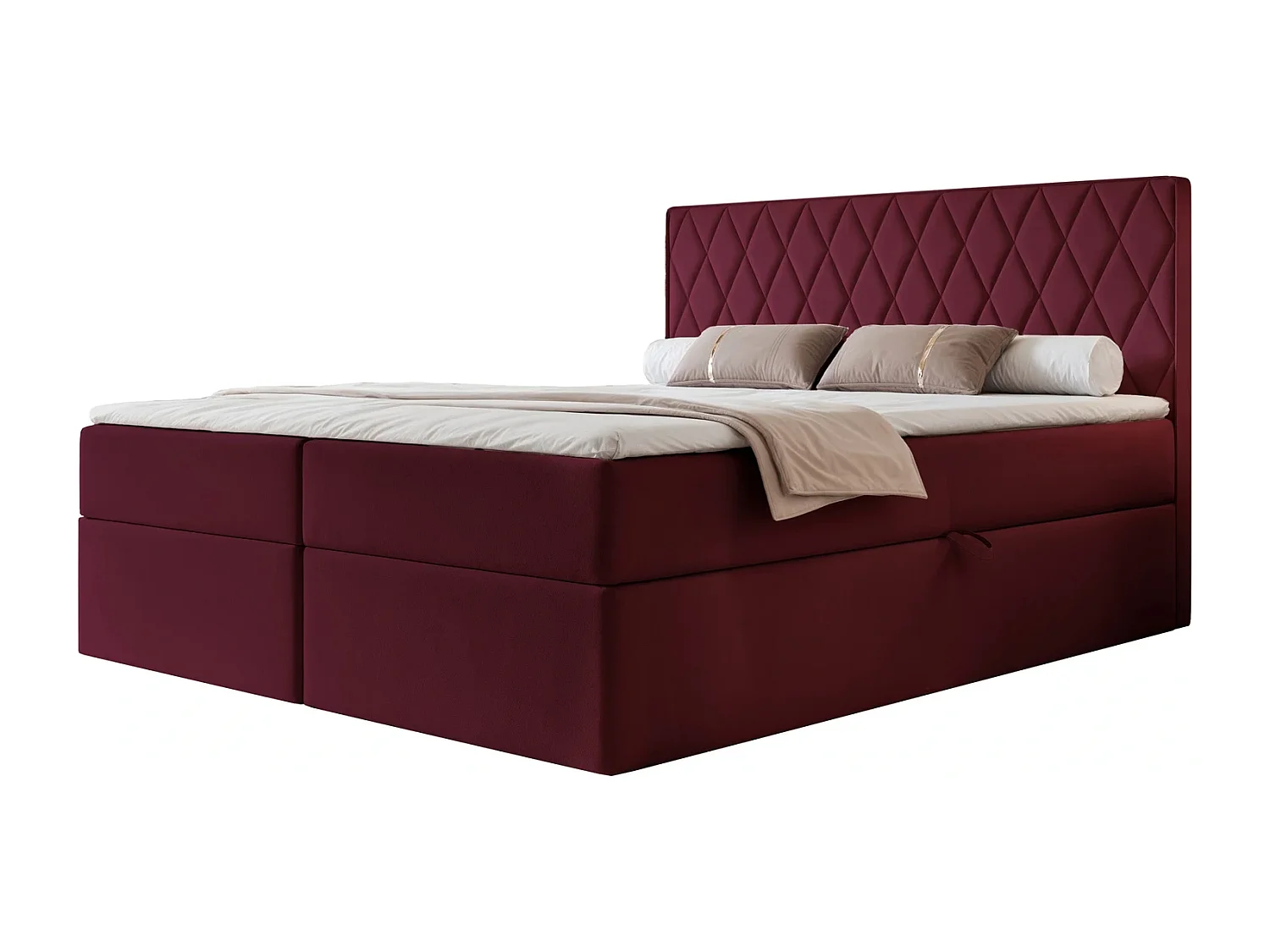 Lit Boxspring PONTI 200x200 cm avec 2 Coffres, Matelas et Matelassage Losanges Verticaux - Bordeaux (Velours)