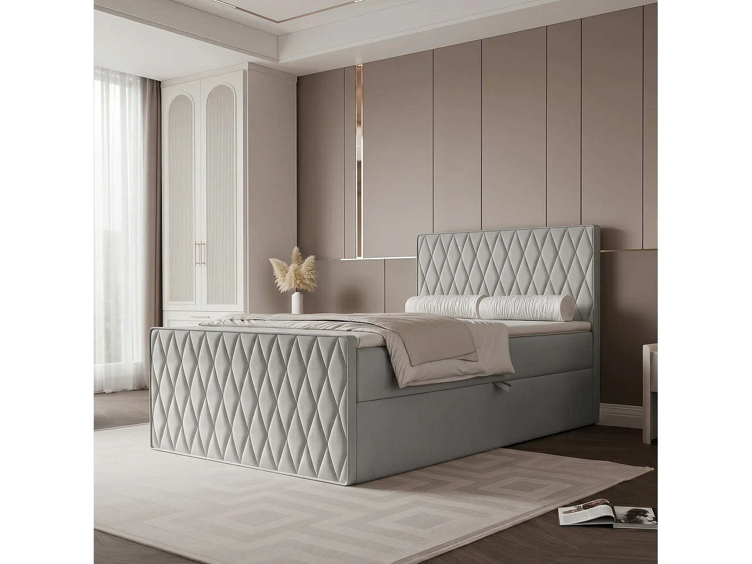 Lit Boxspring PONTI III 120x200 cm avec 2 Coffres, Matelas et Matelassage Losanges - Gris Pigeon (Velours)
