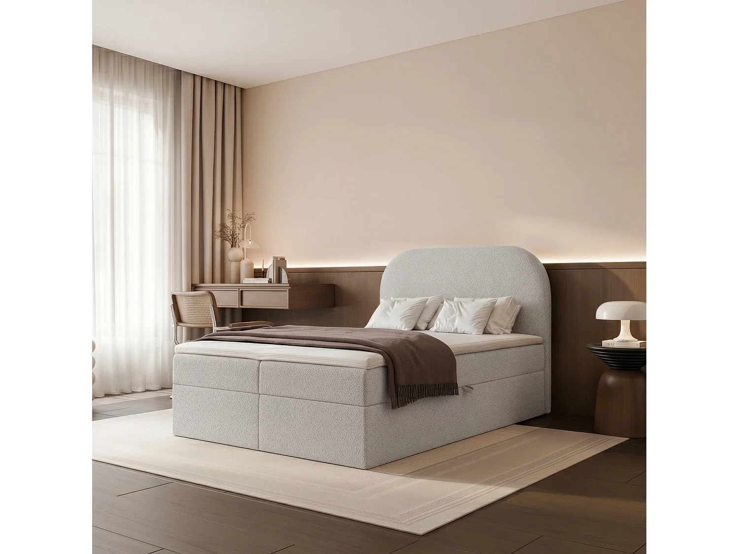 Lit Boxspring FUZZI 120x200 cm avec 2 Coffres, Matelas et Tête de Lit Moelleuse - Gris (Tissu Bouclé Now or Never)