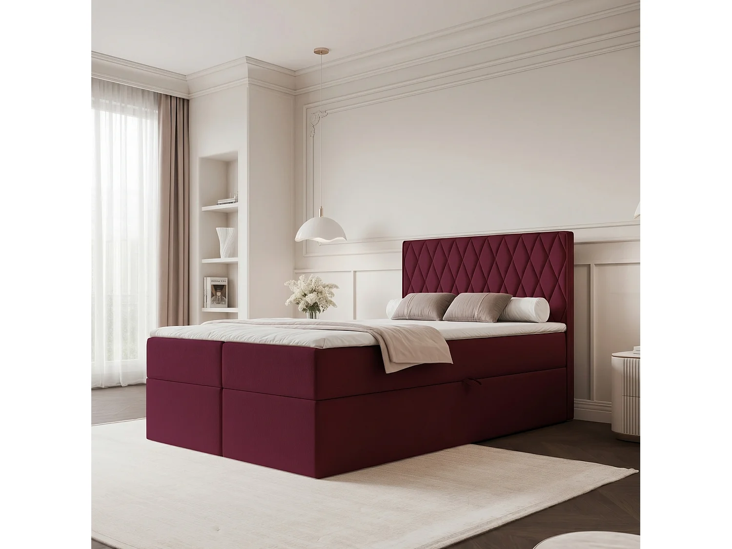 Lit Boxspring PONTI 120x200 cm avec 2 Coffres, Matelas et Matelassage Losanges Verticaux - Bordeaux (Velours)