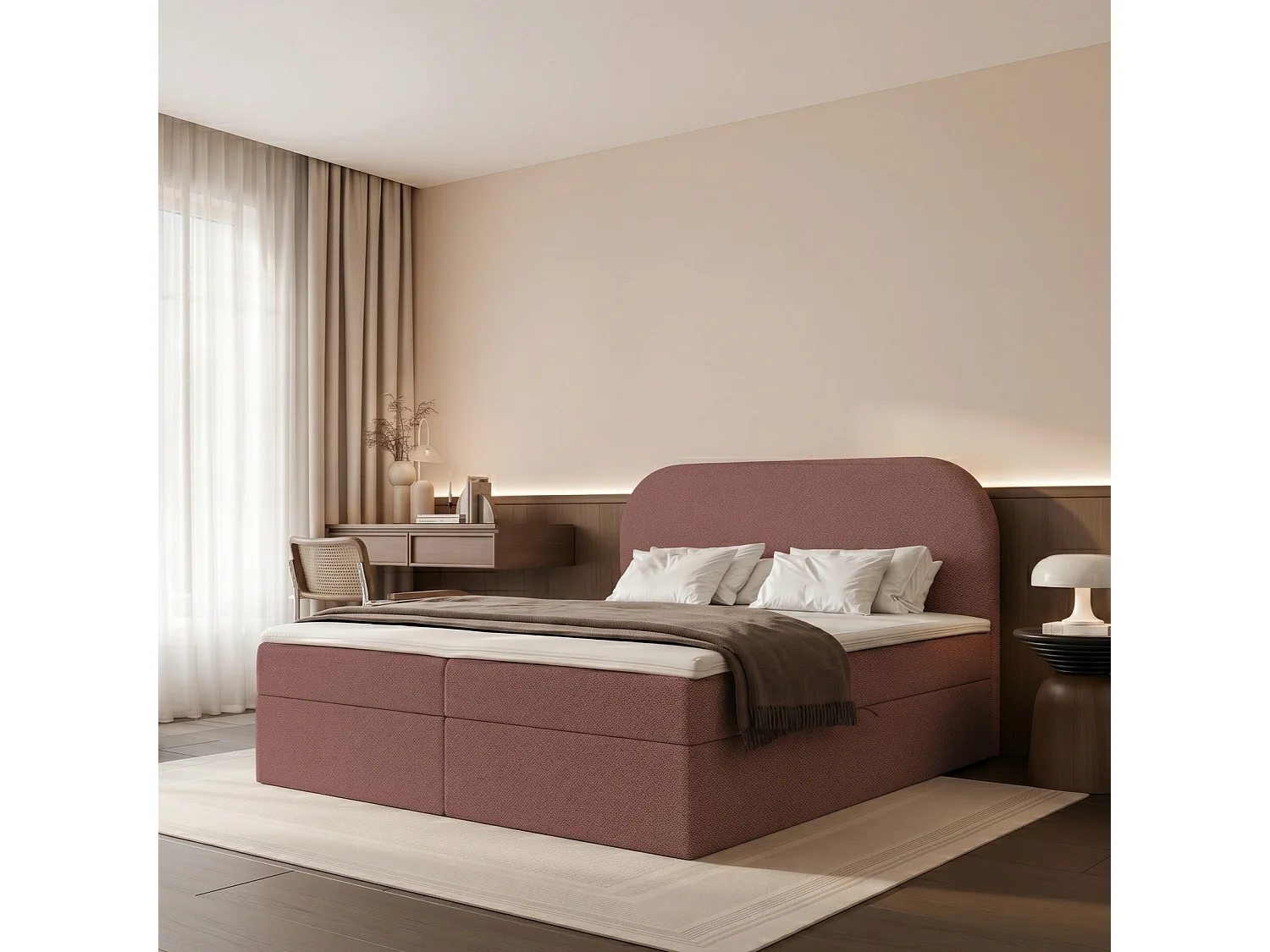Lit Boxspring 2 places FUZZI 160x200 cm avec 2 Coffres, Matelas et Tête de Lit Moelleuse - Rouge Brique (Tissu Chenille Lumi)