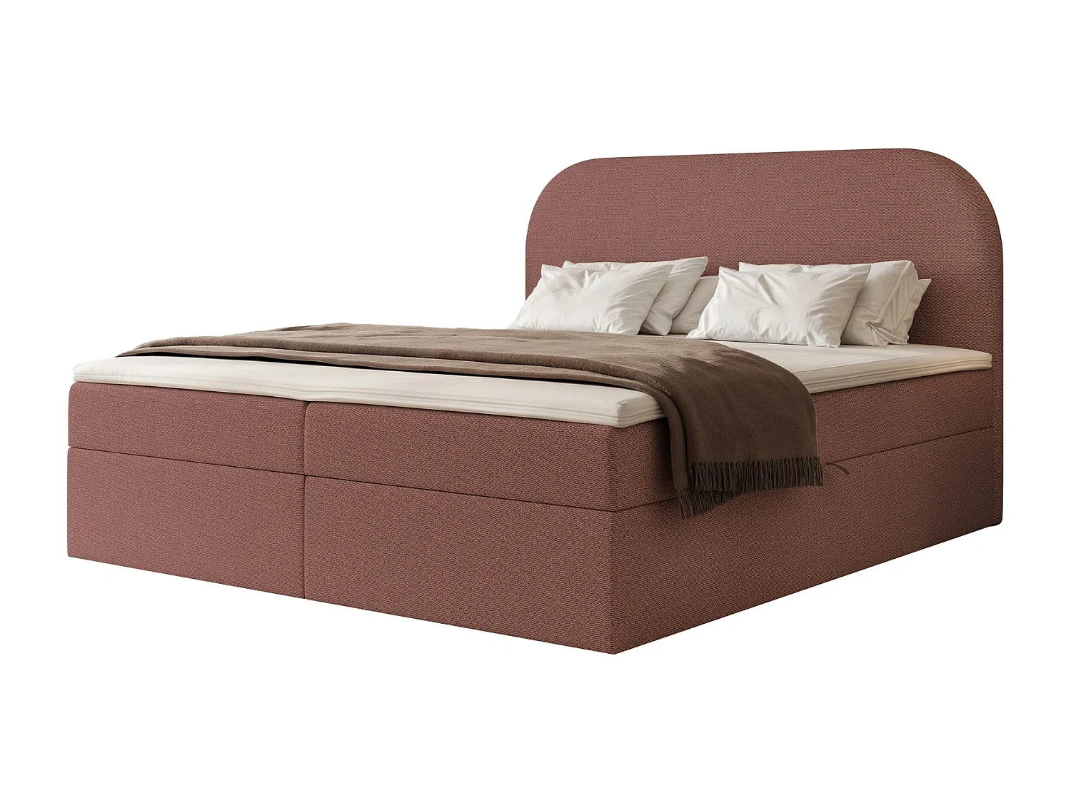 Lit Boxspring 2 places FUZZI 160x200 cm avec 2 Coffres, Matelas et Tête de Lit Moelleuse - Rouge Brique (Tissu Chenille Lumi)