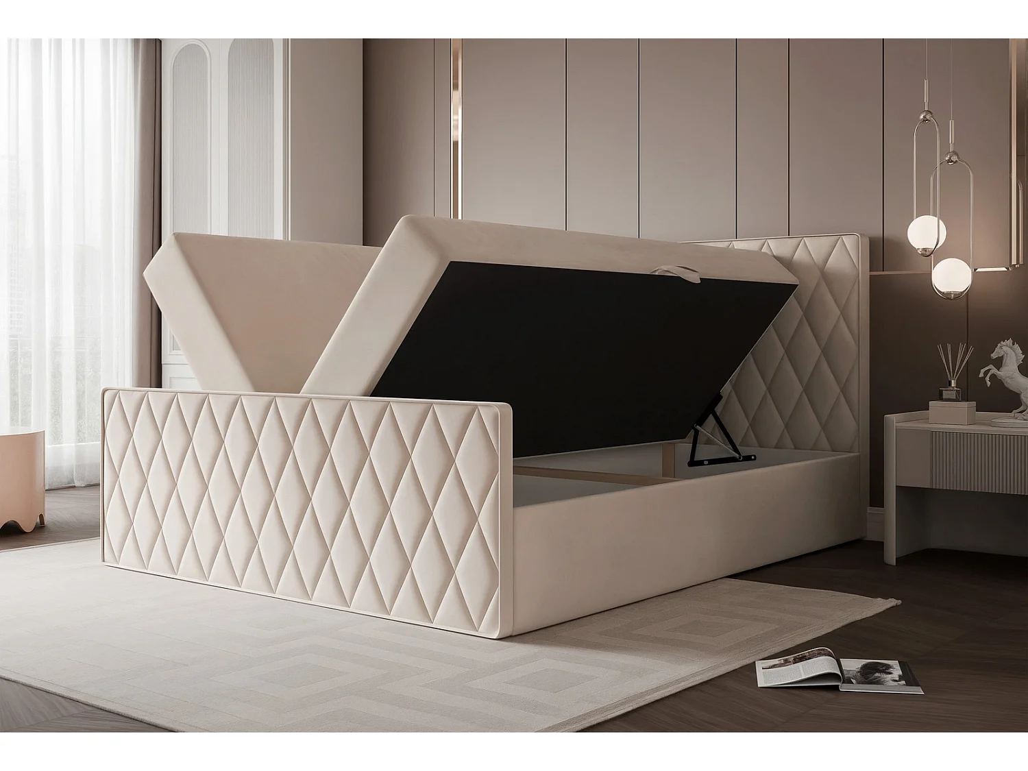 Lit Boxspring PONTI III 180x200 cm avec 2 Coffres, Matelas et Matelassage Losanges - Crème (Velours)