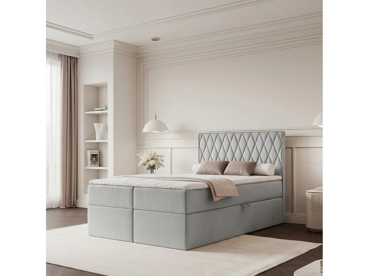 Lit Boxspring PONTI 120x200 cm avec 2 Coffres, Matelas et Matelassage Losanges Verticaux - Gris Pigeon (Velours)