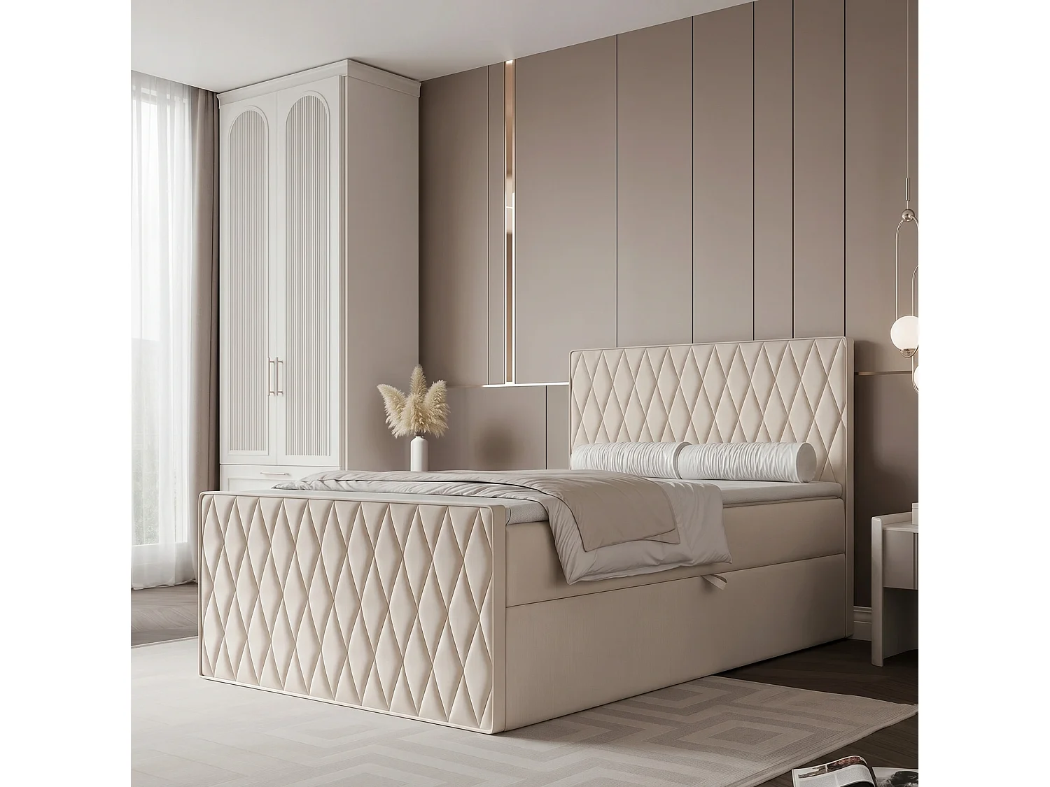 Lit Boxspring PONTI III 120x200 cm avec 2 Coffres, Matelas et Matelassage Losanges - Crème (Velours)