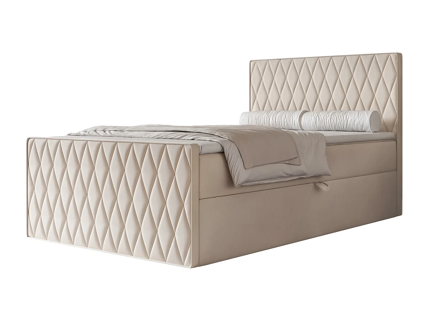Lit Boxspring PONTI III 120x200 cm avec 2 Coffres, Matelas et Matelassage Losanges - Crème (Velours)