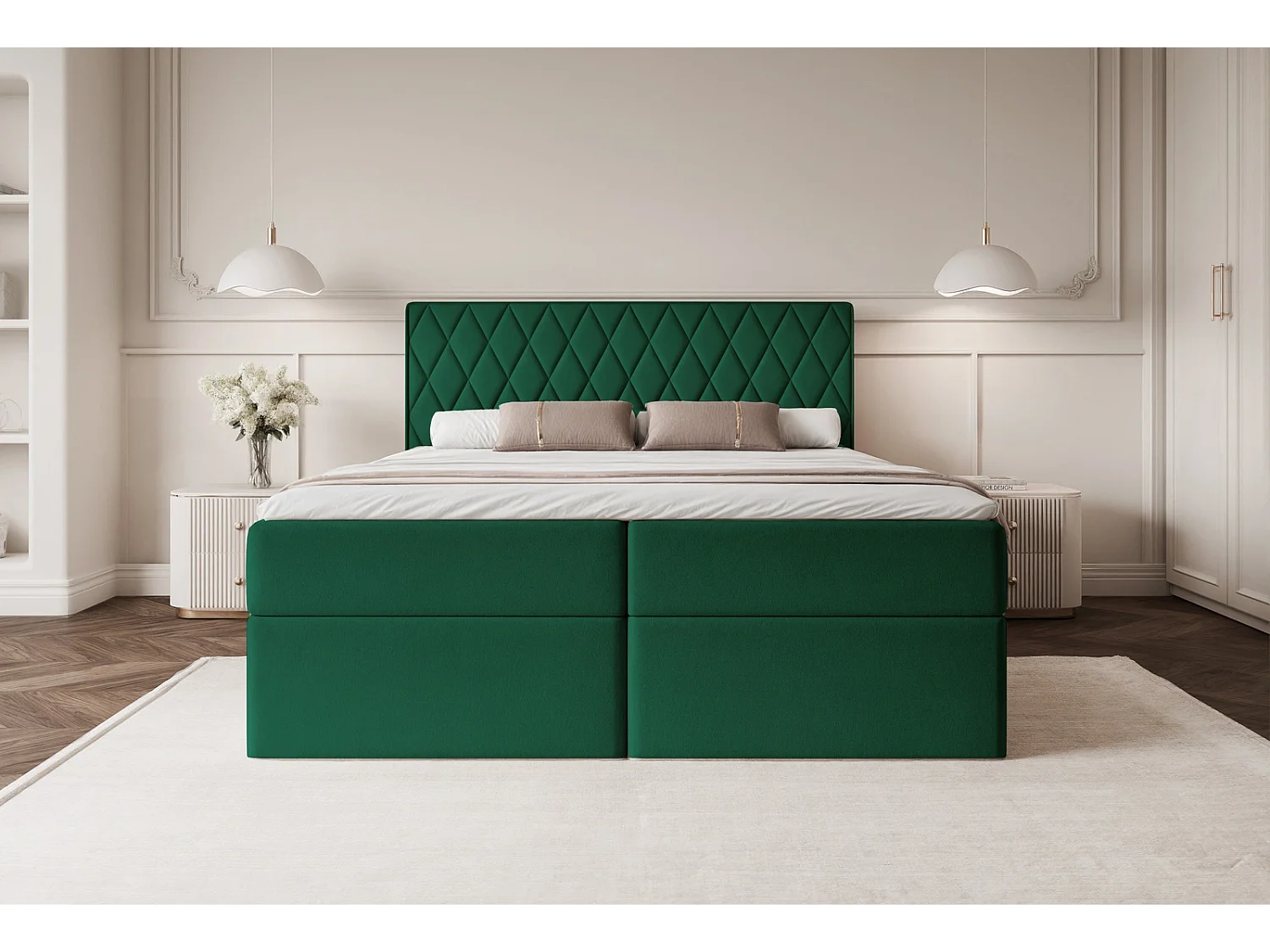 Lit Boxspring PONTI 160x200 cm avec 2 Coffres, Matelas et Matelassage Losanges Verticaux - Vert Bouteille (Velours)