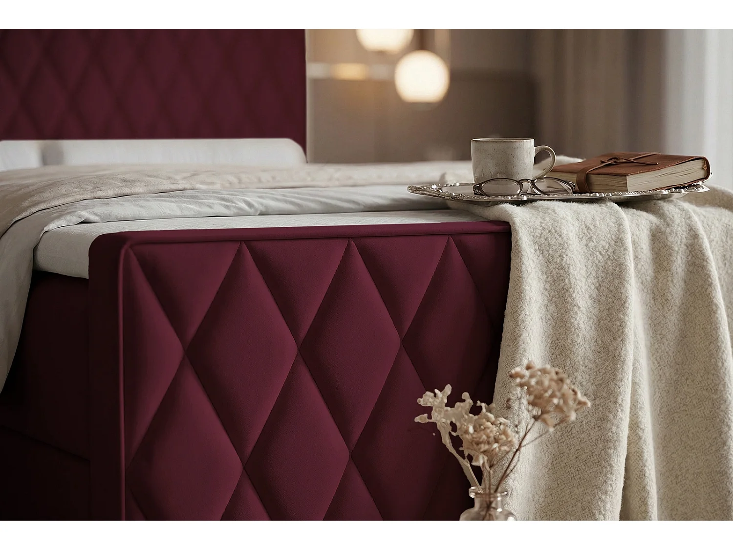 Lit Boxspring PONTI III 160x200 cm avec 2 Coffres, Matelas et Matelassage Losanges - Bordeaux (Velours)